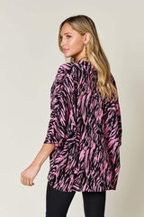 Double Take Full Size Printed Notched Three-Quarter Sleeve Blouse - Trendsi - Flyclothing LLC