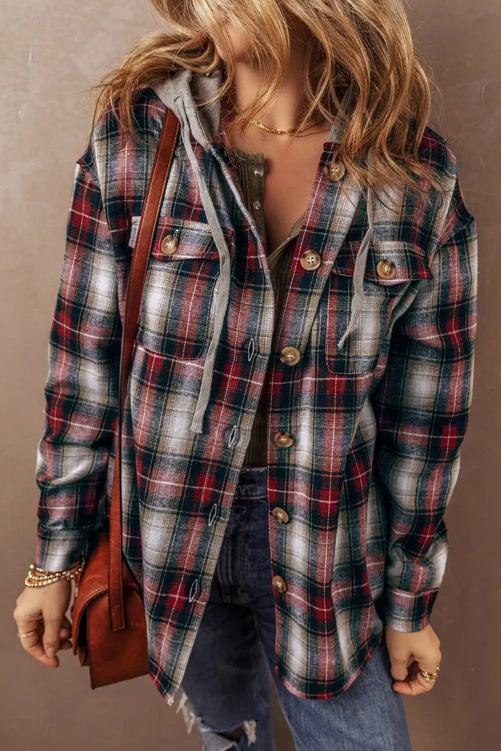 Drawstring Plaid Button Up Hooded Shacket - Trendsi