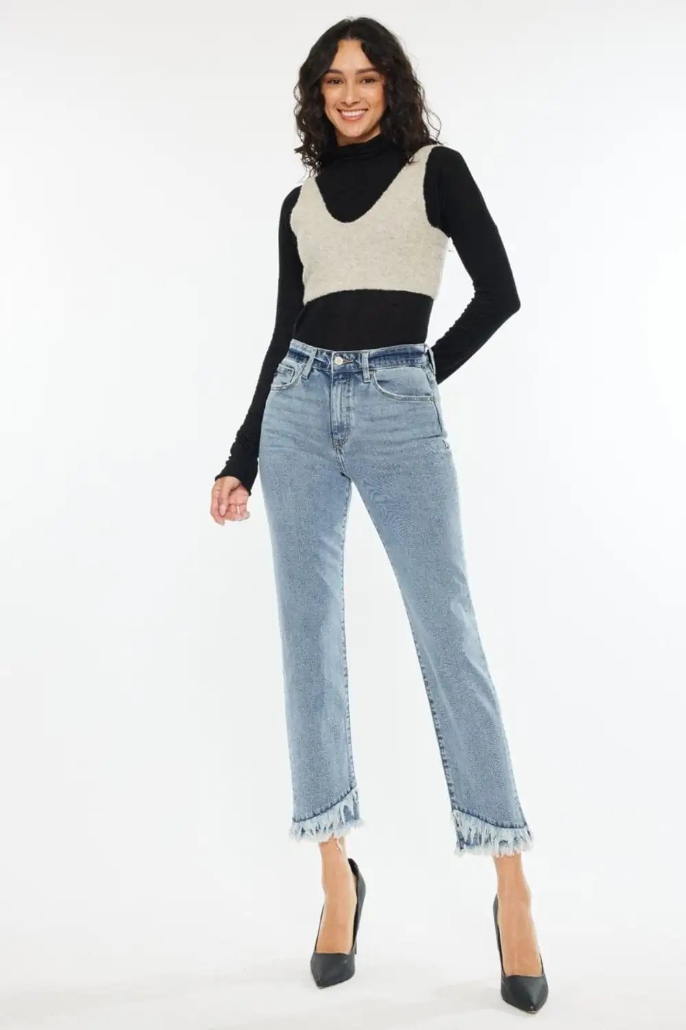 Kancan Raw Hem High Rise Straight Jeans - Trendsi