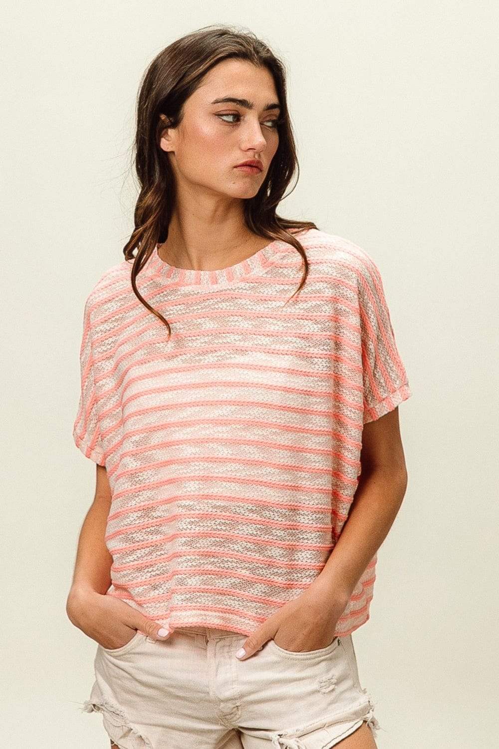 BiBi Braid Striped Short Sleeve Round Neck T-Shirt - Trendsi - Flyclothing LLC