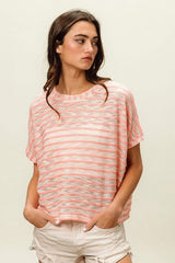 BiBi Braid Striped Short Sleeve Round Neck T-Shirt - Trendsi - Flyclothing LLC