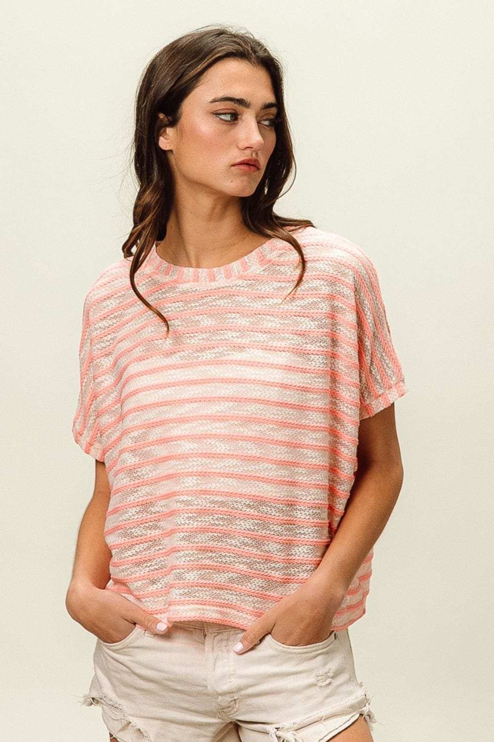 BiBi Braid Striped Short Sleeve Round Neck T-Shirt - Trendsi - Flyclothing LLC