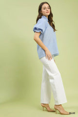 Umgee Textured Puff Sleeve Split Neck Top - Trendsi - Flyclothing LLC