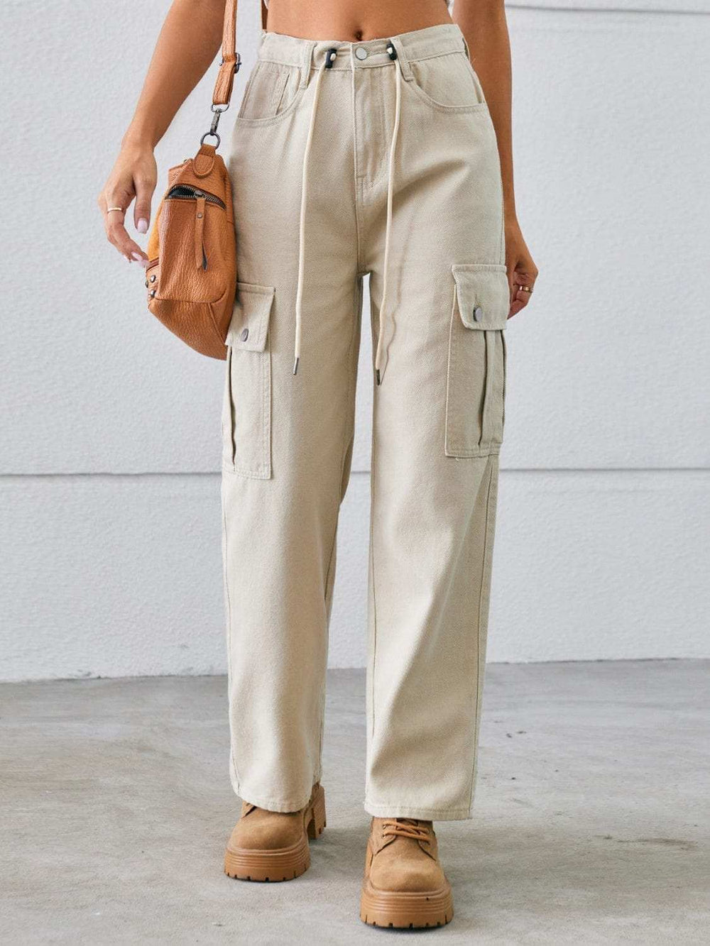 Drawstring Mid-Rise Waist Straight Cargo Jeans - Trendsi - Flyclothing LLC