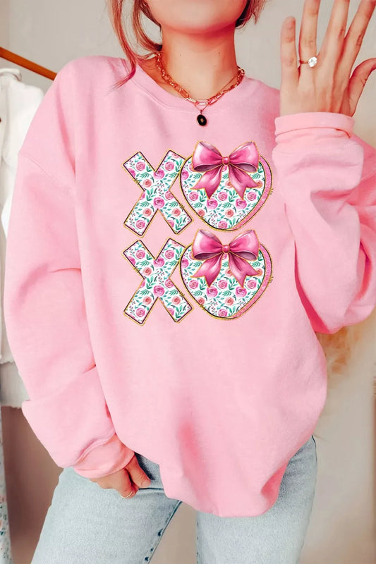 Bow Floral Printed Valentines Day XOXO Sweatshirt - Trendsi - Flyclothing LLC