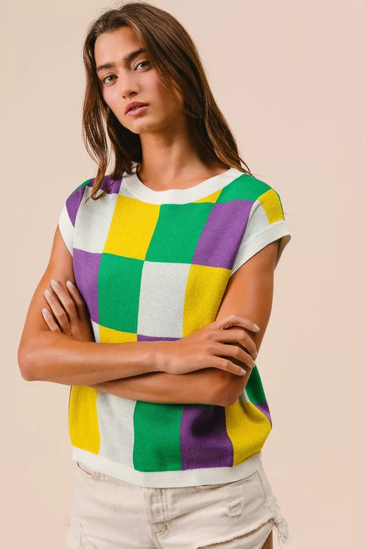 BiBi Mardi Gras Checker Pattern Sleeveless Sweater Top - Trendsi - Flyclothing LLC
