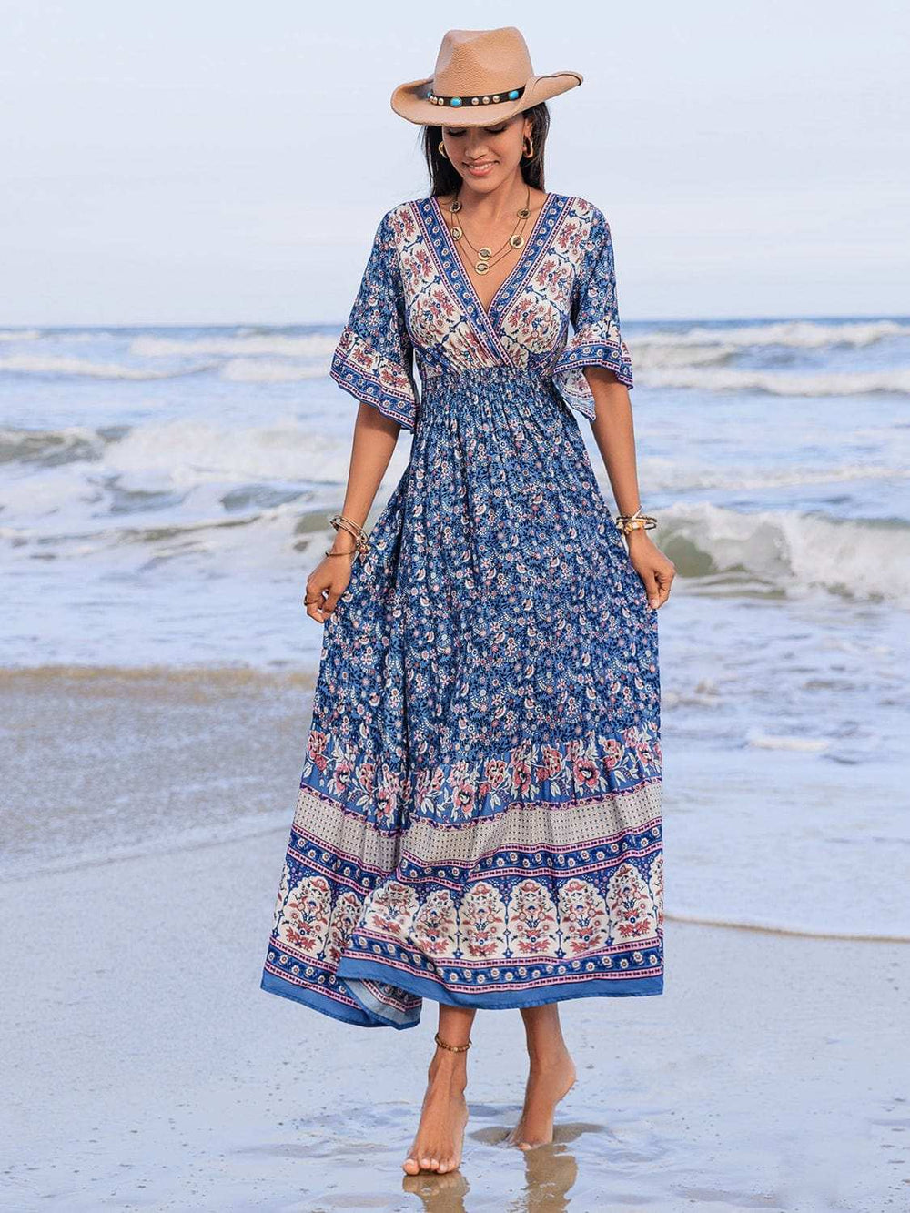 Ruched Printed Flounce Sleeve Midi Dress - Trendsi - Flyclothing LLC