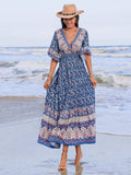 Ruched Printed Flounce Sleeve Midi Dress - Trendsi - Flyclothing LLC