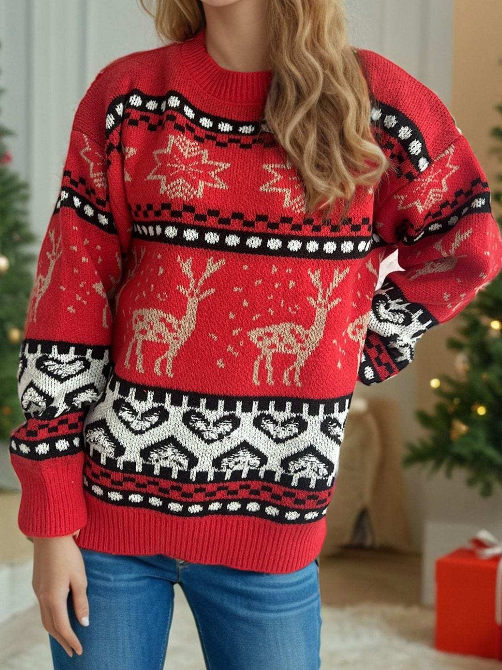 Christmas Element Round Neck Long Sleeve Sweater - Trendsi - Flyclothing LLC