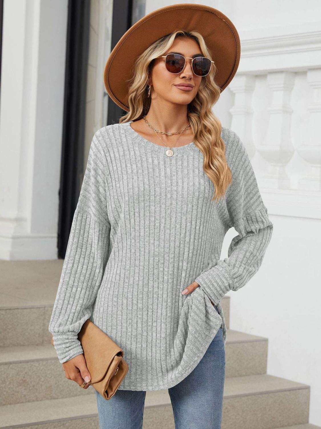 Ribbed Round Neck Long Sleeve T-Shirt - Trendsi - Flyclothing LLC