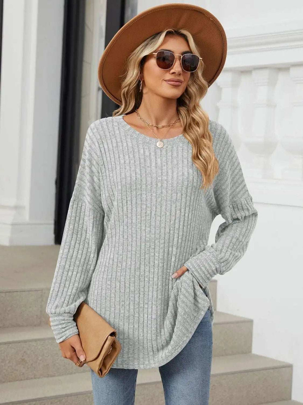 Ribbed Round Neck Long Sleeve T-Shirt - Trendsi - Flyclothing LLC