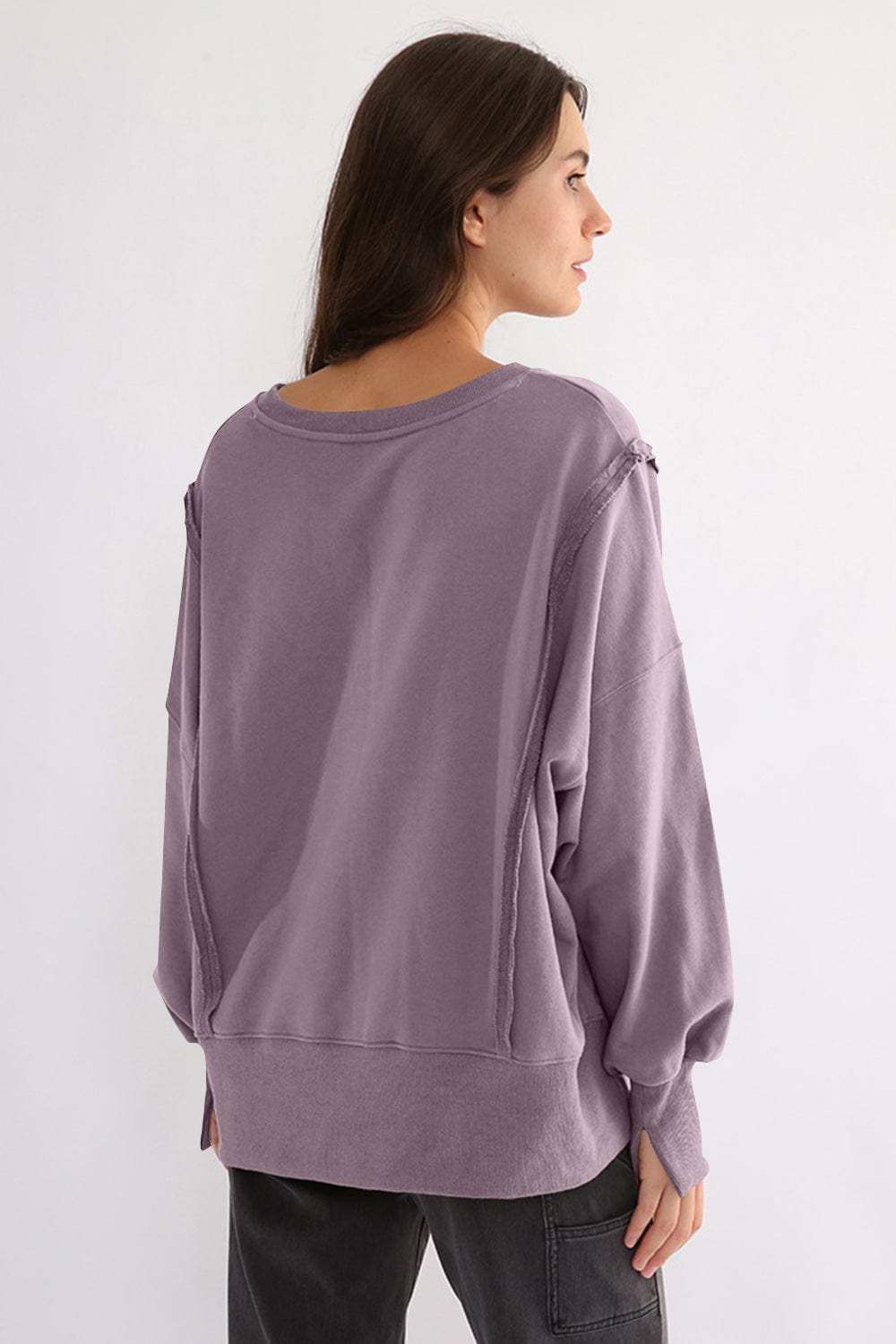 Exposed Seam High-Low Long Sleeve Sweatshirt - Trendsi - Flyclothing LLC