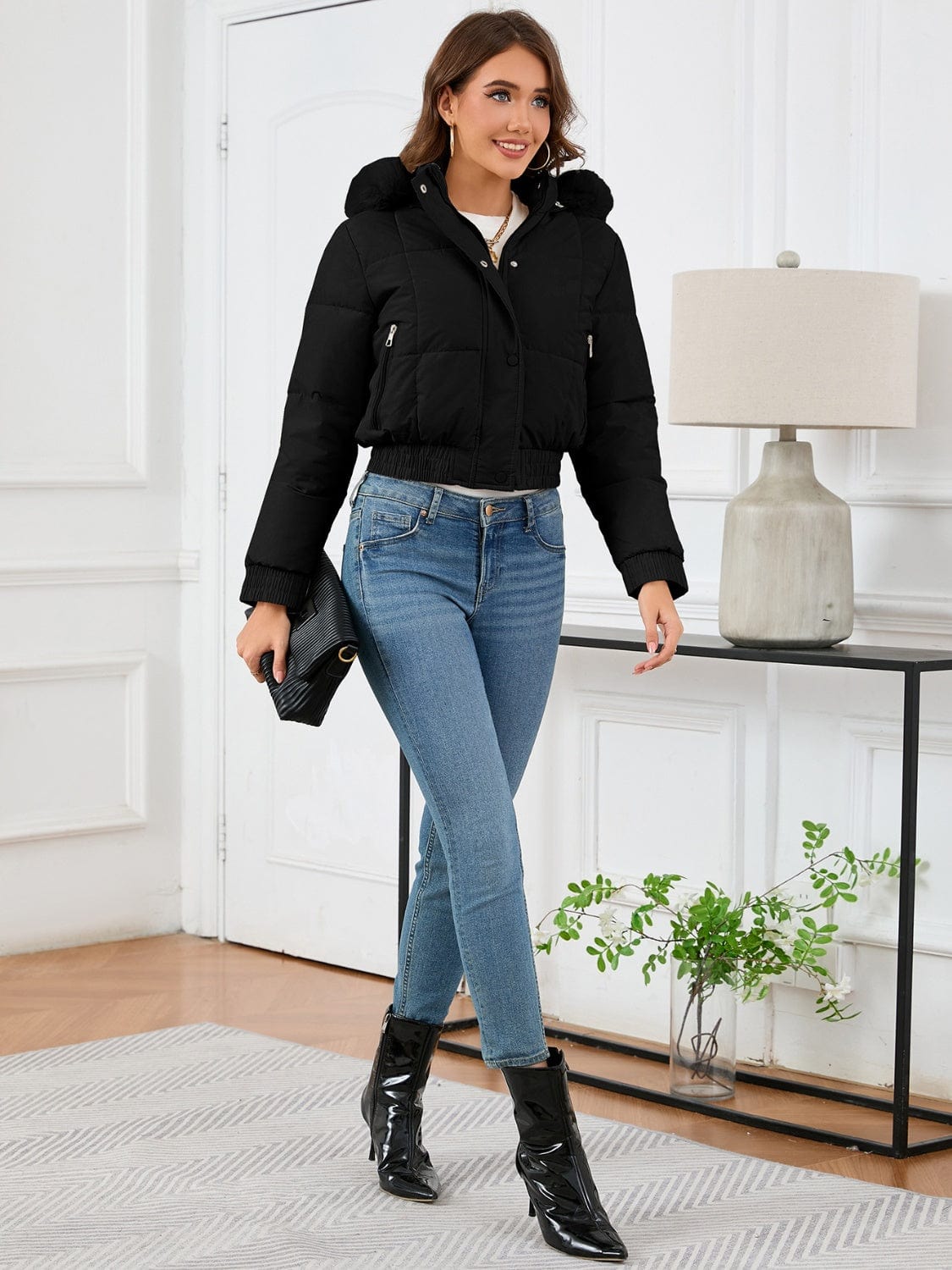 Pocketed Long Sleeve Cropped Hooded Winter Coat - Trendsi