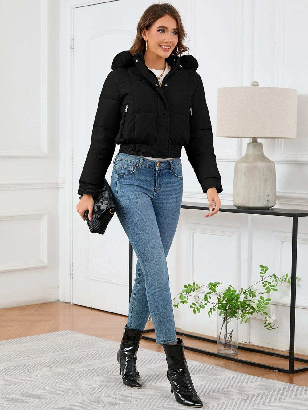 Pocketed Long Sleeve Cropped Hooded Winter Coat - Trendsi - Flyclothing LLC