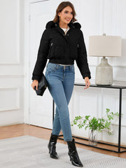 Pocketed Long Sleeve Cropped Hooded Winter Coat - Trendsi