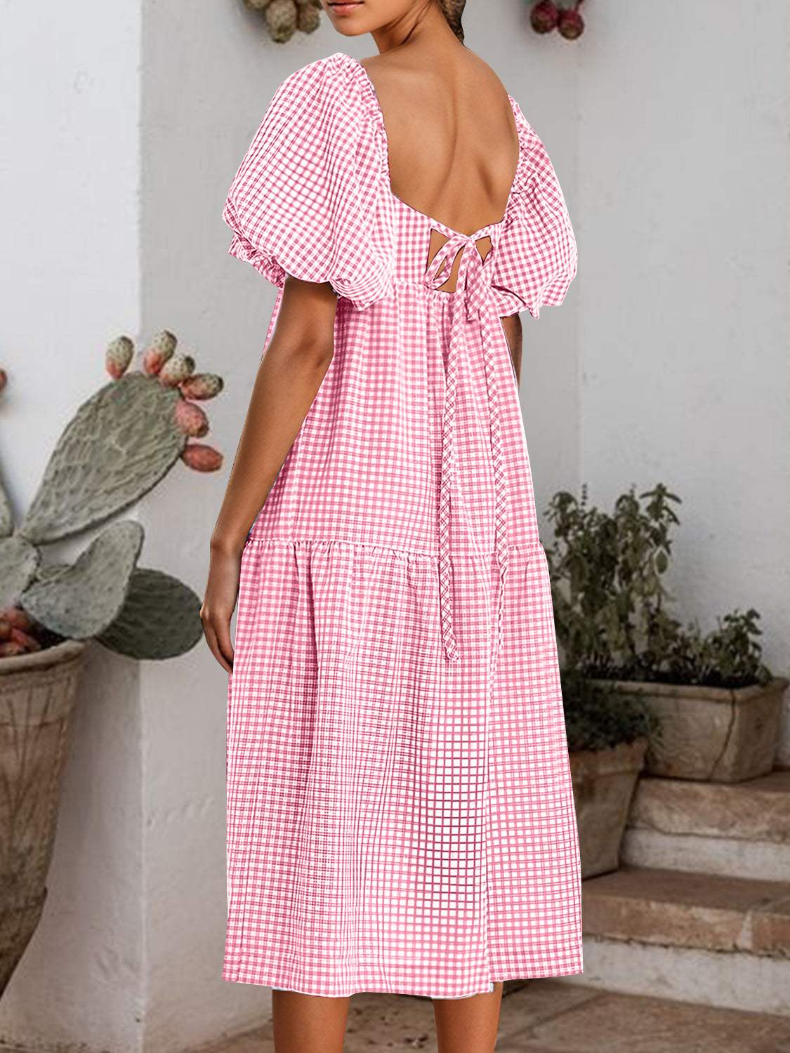 Plaid Square Neck Short Sleeve Dress - Trendsi - Flyclothing LLC