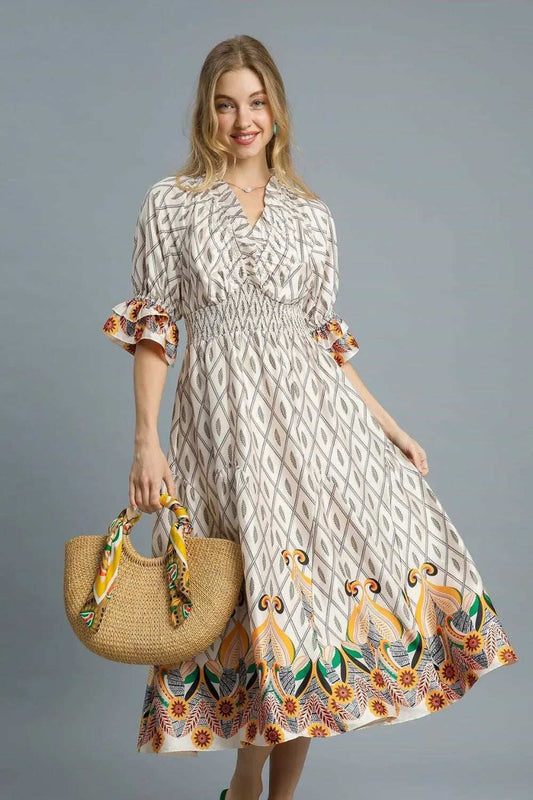 Umgee Printed Smocked Waist Flounce Sleeve Midi Dress - Trendsi - Flyclothing LLC