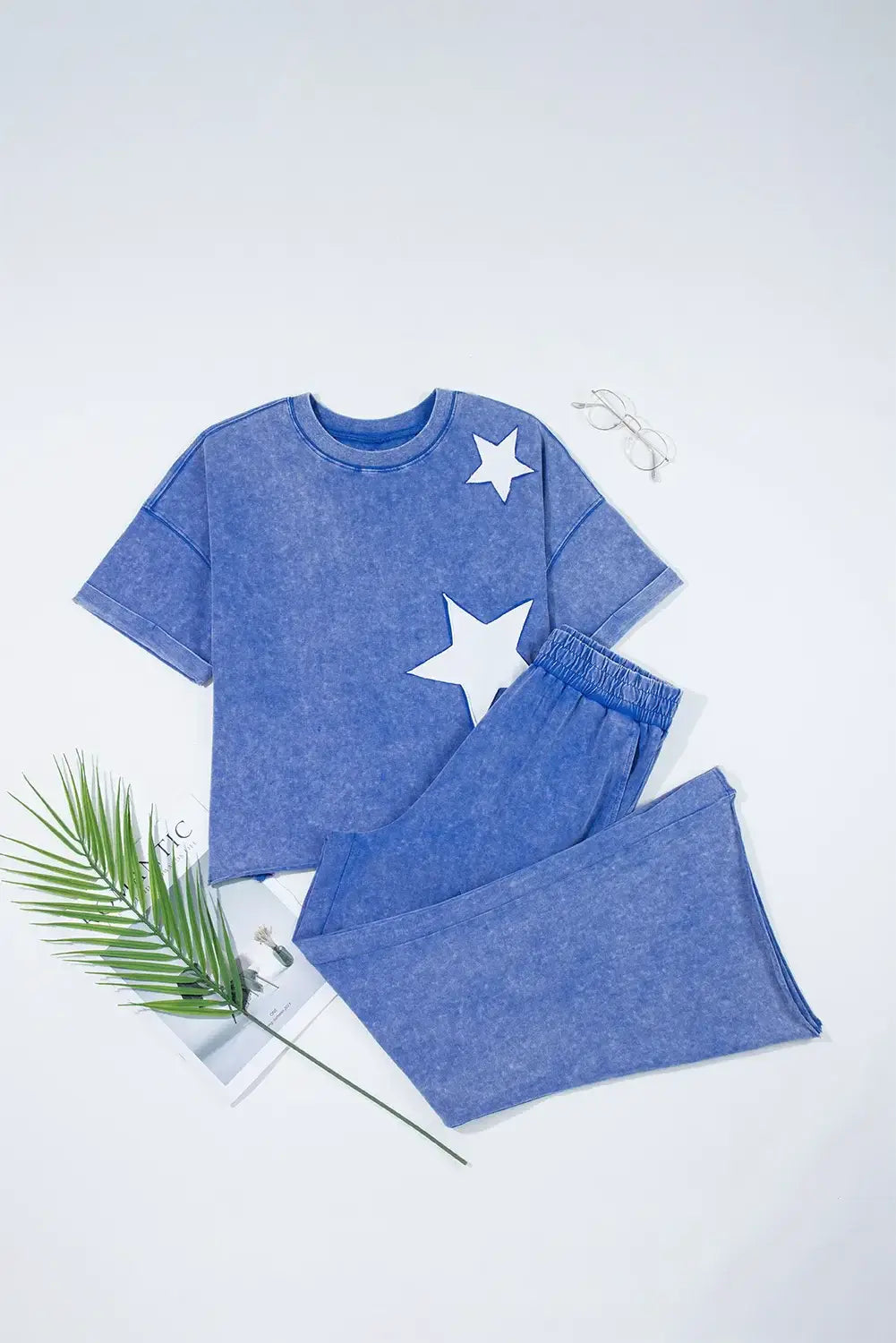 Acid Wash Star Patched Rolled Trim Top and Pants Set - Trendsi - Flyclothing LLC
