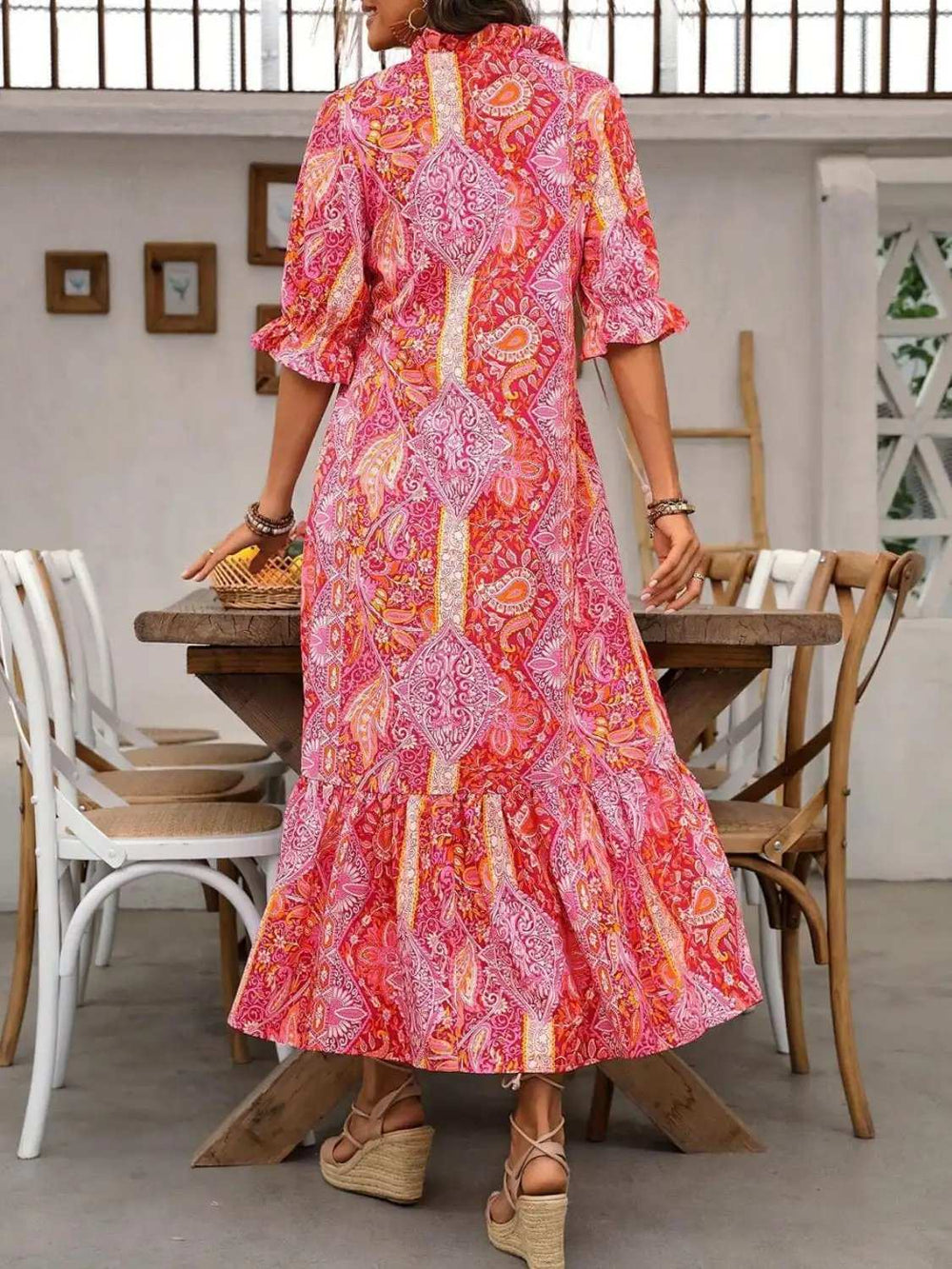 Printed Tie Neck Flounce Sleeve Midi Dress - Trendsi - Flyclothing LLC