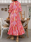 Printed Tie Neck Flounce Sleeve Midi Dress - Trendsi