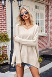 Slit V-Neck Dropped Shoulder Sweater - Trendsi - Flyclothing LLC