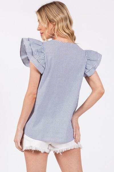 Ces Femme Striped V-Neck Ruffled Cap Sleeve Blouse - Trendsi - Flyclothing LLC