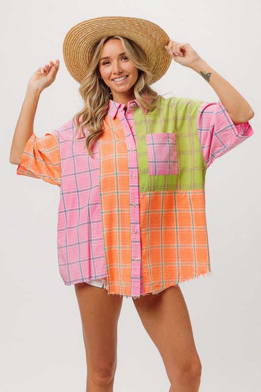 BiBi Plaid Collared Neck Half Sleeve Shirt - Trendsi