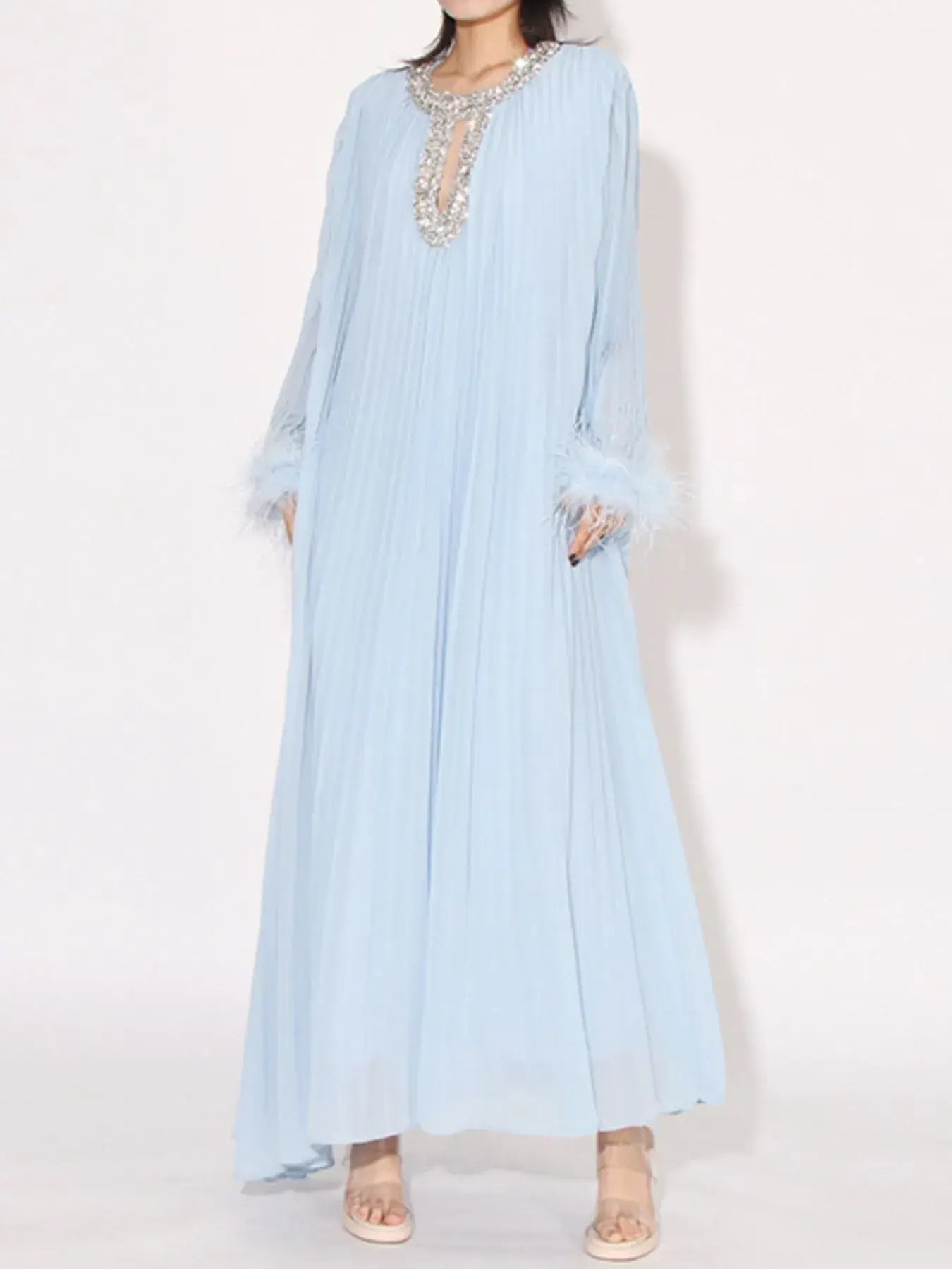 Rhinestone Long Sleeve Maxi Dress - Trendsi - Flyclothing LLC