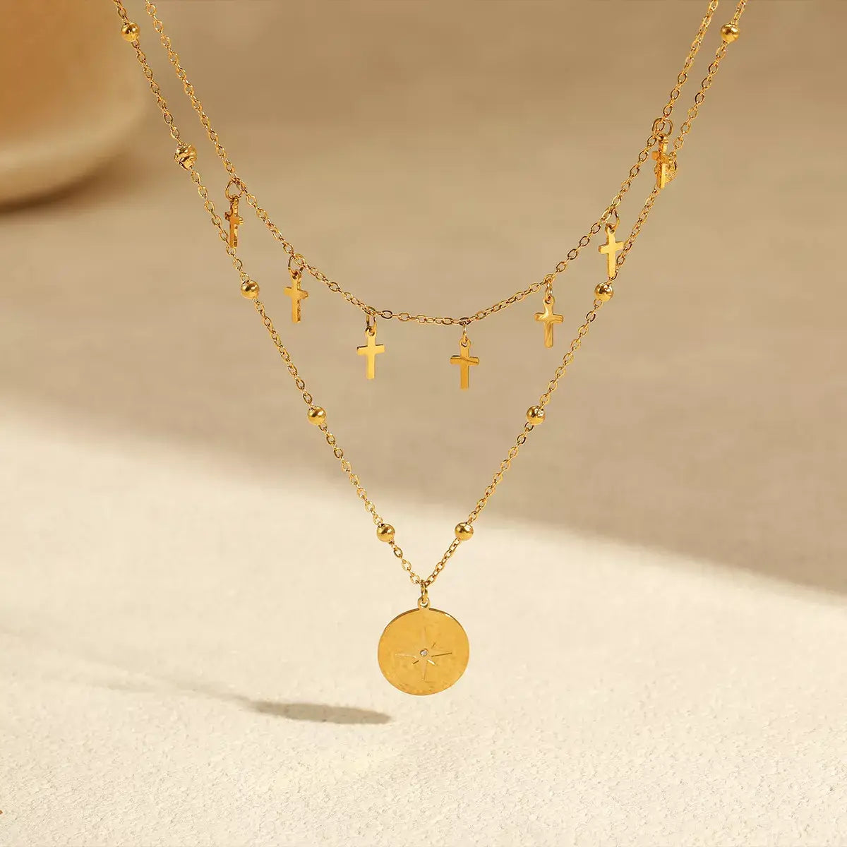 18K Gold-Plated Cross Double Layered Pendant Necklace - Trendsi - Flyclothing LLC