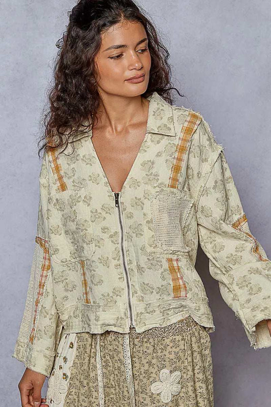 POL Raw Hem Zip Up Floral Jacket with Plaid and Crochet Patch - Trendsi - Flyclothing LLC