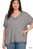 Zenana Full Size Soft Melange Hacci V-Neck Short Sleeve Hi-low Tee Plus Size - Trendsi - Flyclothing LLC
