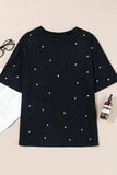 Pearl Beaded Round Neck Half Sleeve T Shirt - Trendsi - Flyclothing LLC