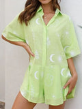 Printed Collared Neck Half Sleeve Romper - Trendsi