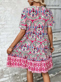 Printed Tie Neck Short Sleeve Dress - Trendsi - Flyclothing LLC