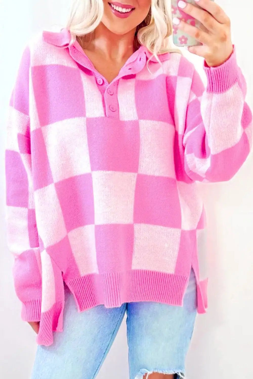 Slit Checkered Half Button Long Sleeve Sweater - Trendsi