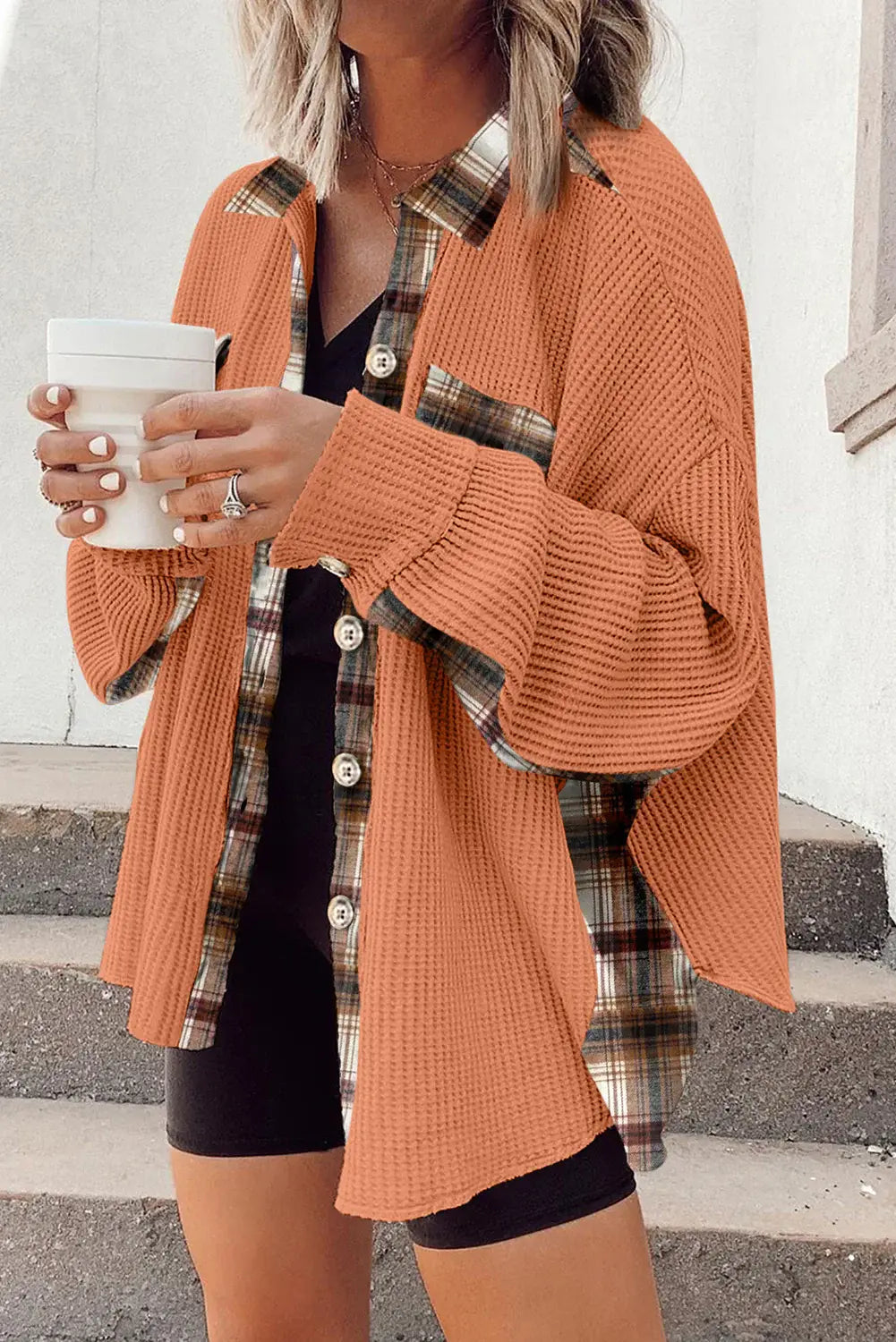 Plaid Button Down Collared Jacket - Trendsi - Flyclothing LLC