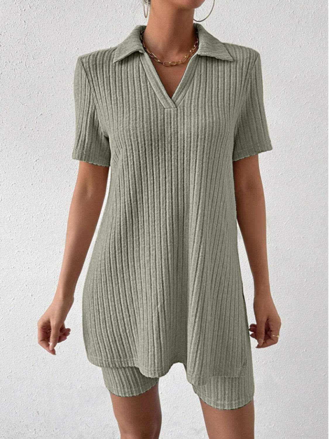 Johnny Collar Short Sleeve Top and Shorts Set - Trendsi - Flyclothing LLC