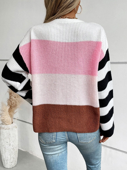 Color Block Round Neck Long Sleeve Sweater - Trendsi