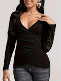 Lace Ruched Surplice Long Sleeve Top - Trendsi - Flyclothing LLC