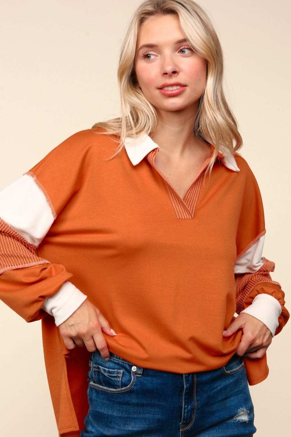 Haptics Color Block Exposed Seam Long Sleeve Top - Trendsi - Flyclothing LLC
