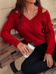 Honey Cable-Knit V-Neck Cold Shoulder Sweater - Trendsi
