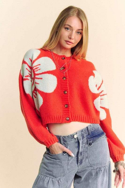 Davi & Dani Flower Contrast Round Neck Long Sleeve Cardigan - Trendsi - Flyclothing LLC