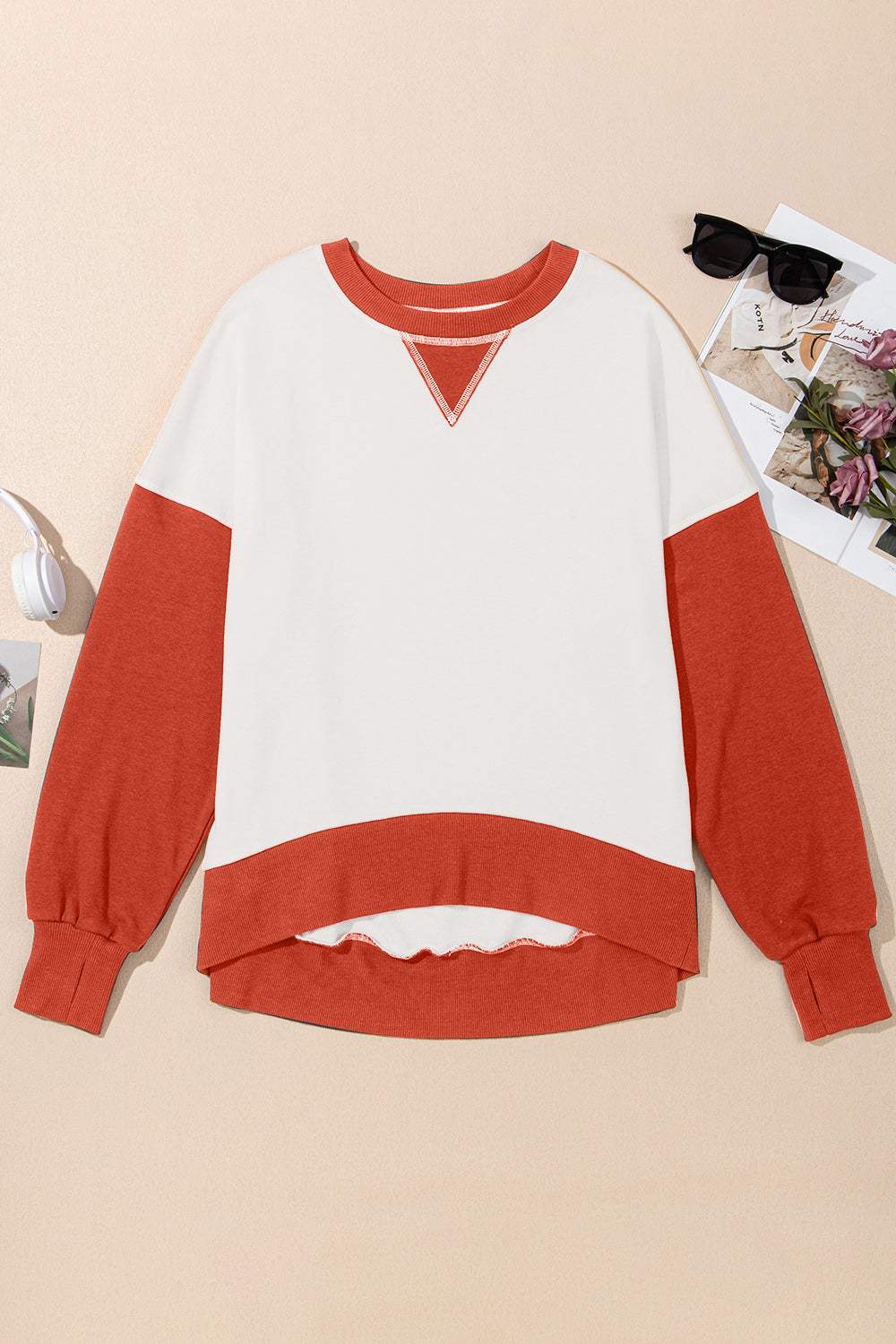 Contrast Round Neck Long Sleeve Sweatshirt - Trendsi - Flyclothing LLC
