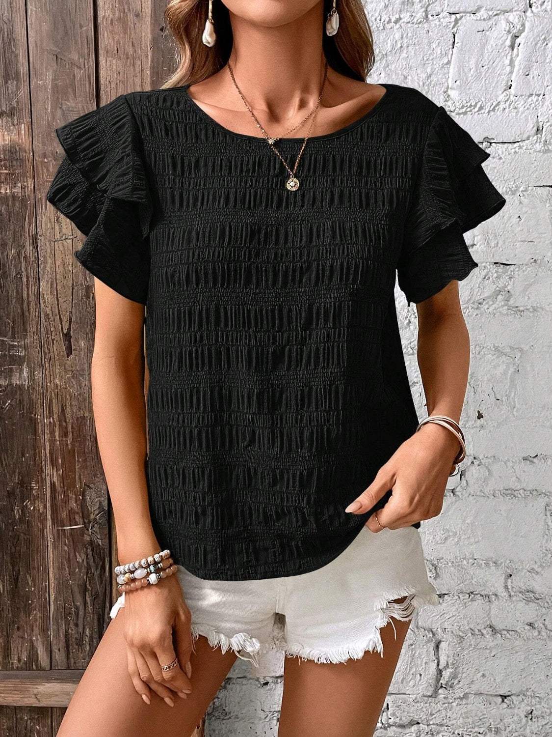 Round Neck Flounce Sleeve Blouse - Trendsi - Flyclothing LLC