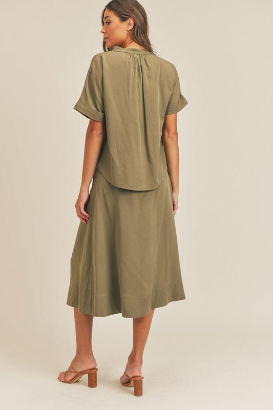 MABLE Short Sleeve Top and Button Down Midi Skirt Set - Trendsi