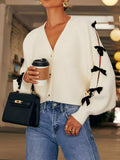 Bow V-Neck Cutout Sleeve Cardigan - Trendsi - Flyclothing LLC