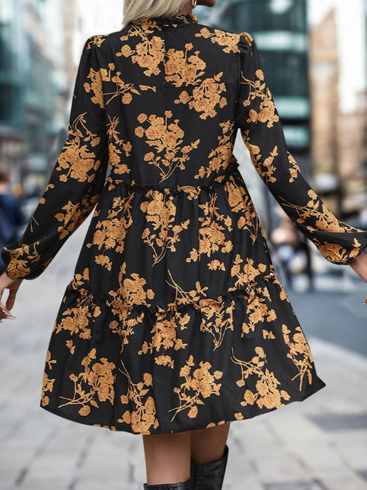 Frill Printed Long Sleeve Mini Dress - Trendsi