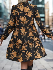 Frill Printed Long Sleeve Mini Dress - Trendsi
