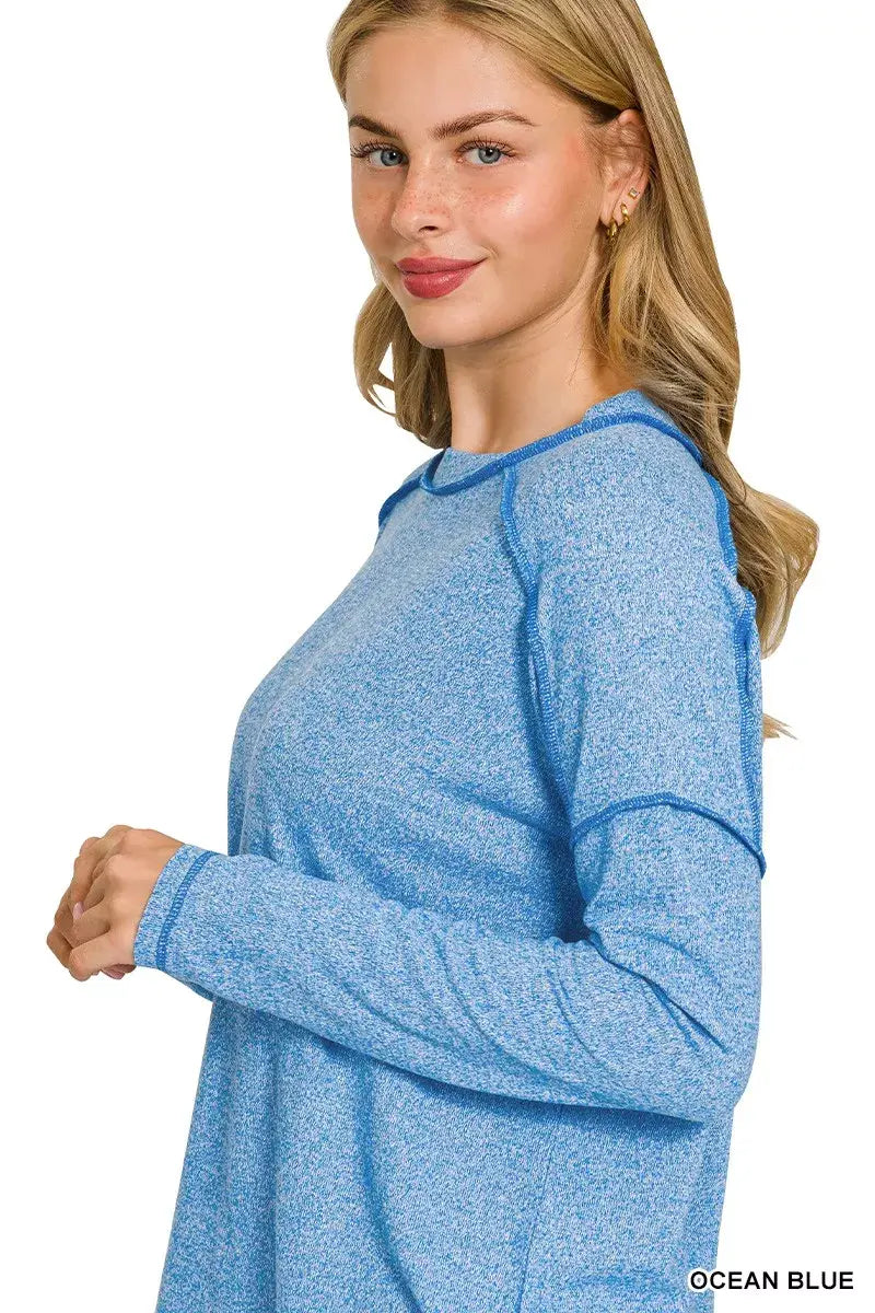 Zenana Full Size Melange Hacci Exposed Seam Hi-low Tee Plus Size - Trendsi - Flyclothing LLC