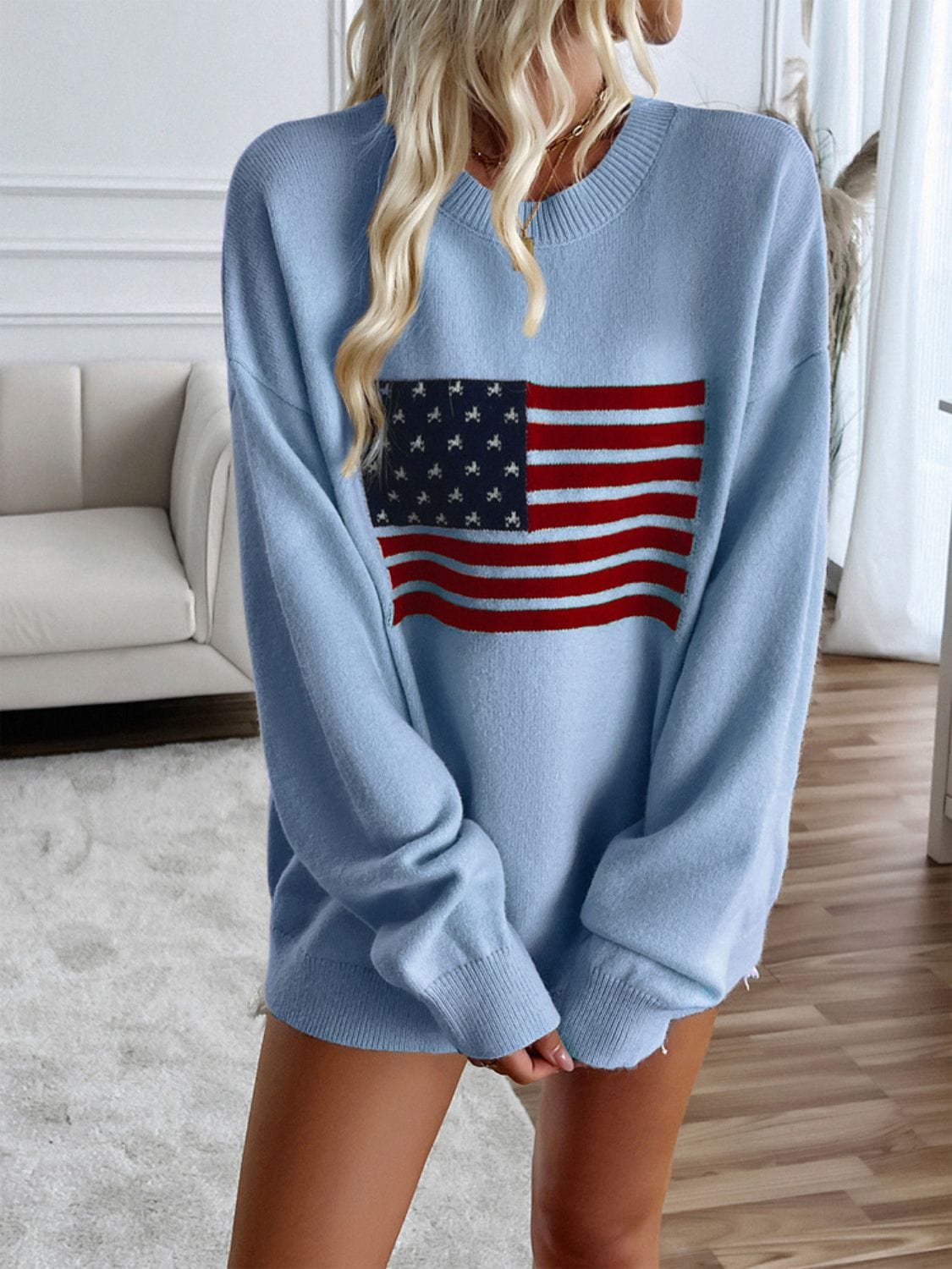 Devine US Flag Round Neck Long Sleeve Knit Top - Trendsi